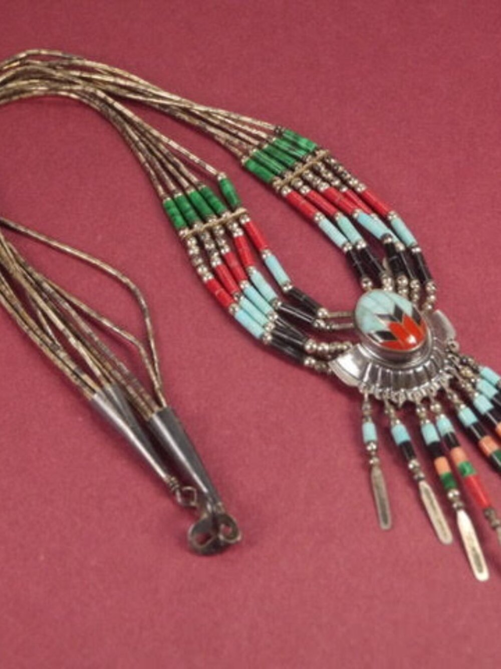 VTG Zuni Necklace Cab Mounted on Silver w/Beaded Decoration 5-Strand Necklace
